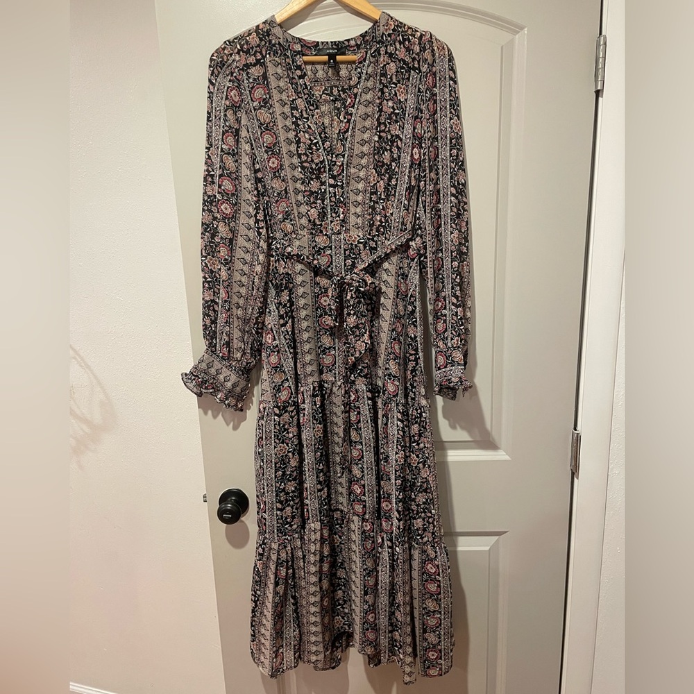 Aqua Gray and Black Long Sleeve V-Neck Sundress